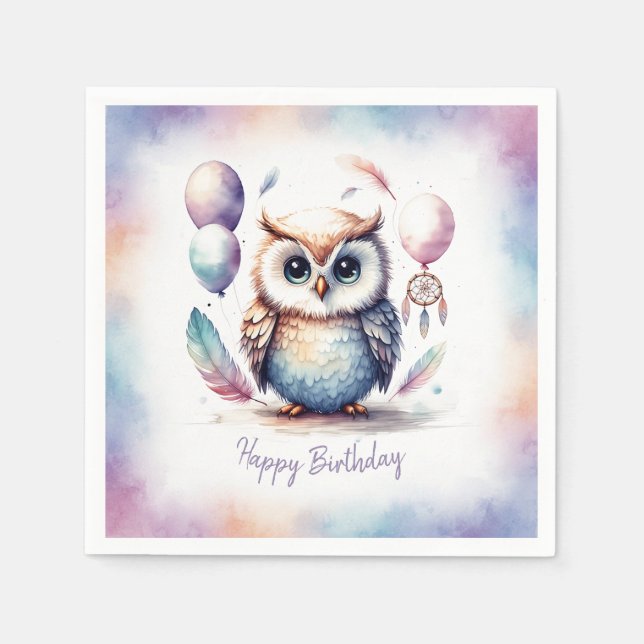 Servilleta De Papel Cumpleaños de globos de búho bebé acuarela linda   (Anverso)
