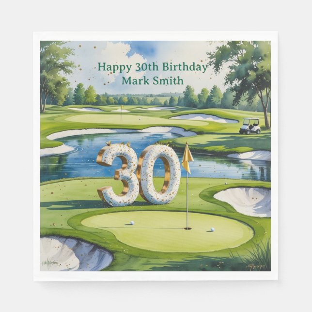 Servilleta De Papel Cumpleaños de golf de 30 años en campo de golf (Anverso)