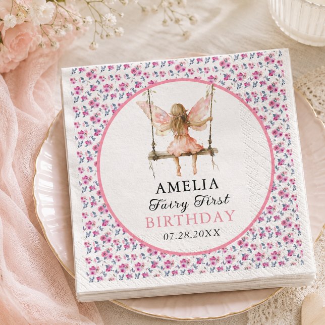 Servilleta De Papel Cumpleaños de hadas con acuarela floral para niñas (Fairy First Watercolor Floral Girls 1st Birthday Napkins)