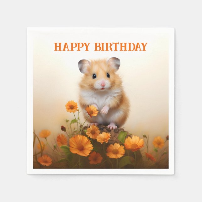 Servilleta De Papel Cumpleaños de Hamster Entre Flores Naranjas (Anverso)