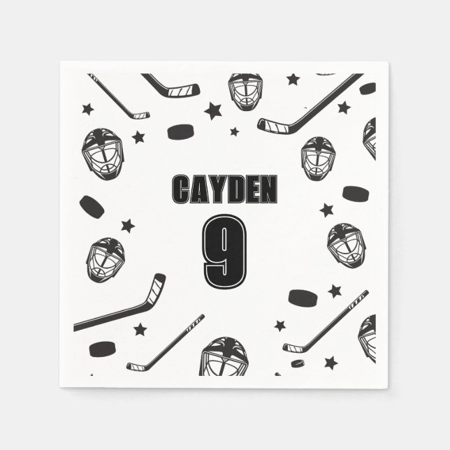 Servilleta De Papel Cumpleaños de Hockey negro y blanco (Anverso)