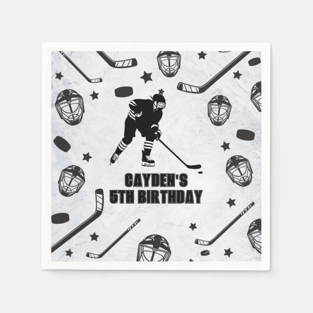 Servilleta De Papel Cumpleaños de Hockey negro y blanco (Anverso)