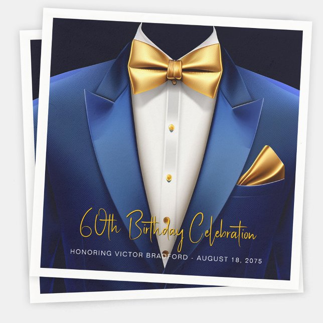Servilleta De Papel Cumpleaños de hombre con esmoquin azul y dorado (Mens blue and gold birthday party napkins with tuxedo design. Add your text, logo, photo, etc.)