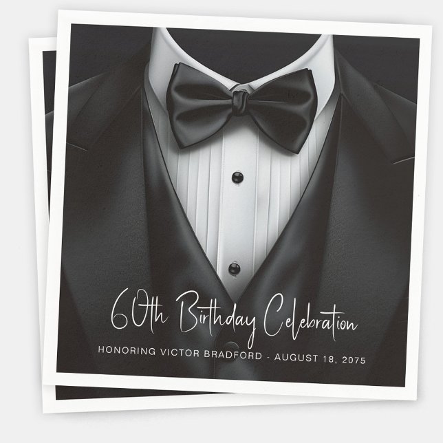 Servilleta De Papel Cumpleaños de Hombre con Esmoquin Negro y Blanco (Mens black white tuxedo birthday party and event napkins. Add your details to personalize.)