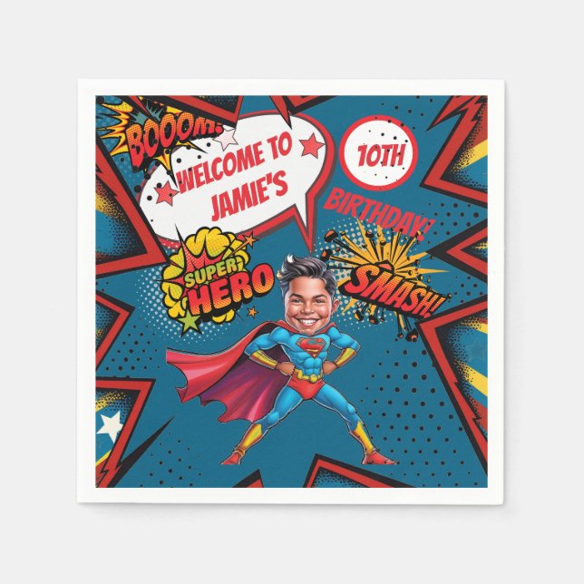 Servilleta De Papel Cumpleaños de la Caricatura de Superhéroes (Anverso)