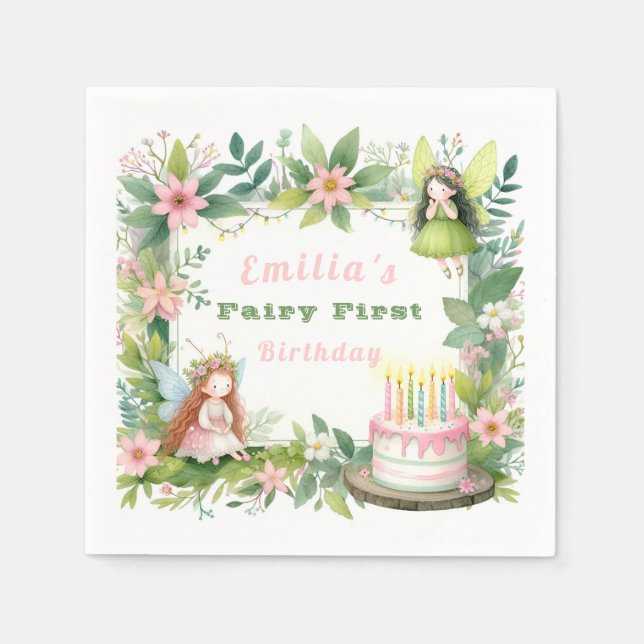 Servilleta De Papel Cumpleaños de la Hada de Pastel Verde - (Anverso)
