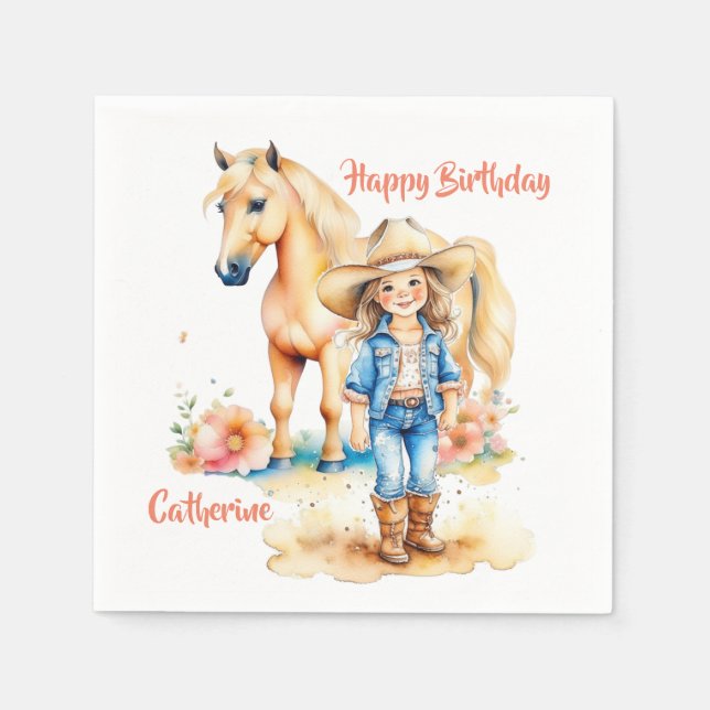 Servilleta De Papel Cumpleaños de la niña y el caballo occidental pers (Anverso)