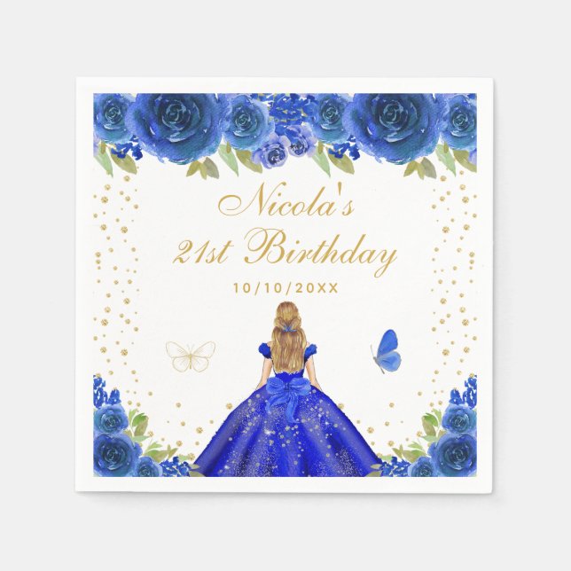 Servilleta De Papel Cumpleaños de la Princesa de Cabello Rubio Floral  (Anverso)
