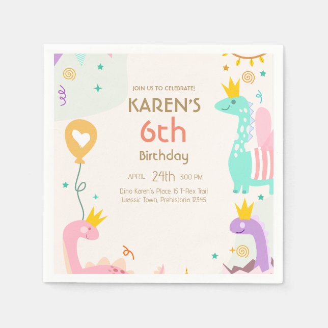 Servilleta De Papel Cumpleaños de la princesa dinosaurio caprichosa (Anverso)