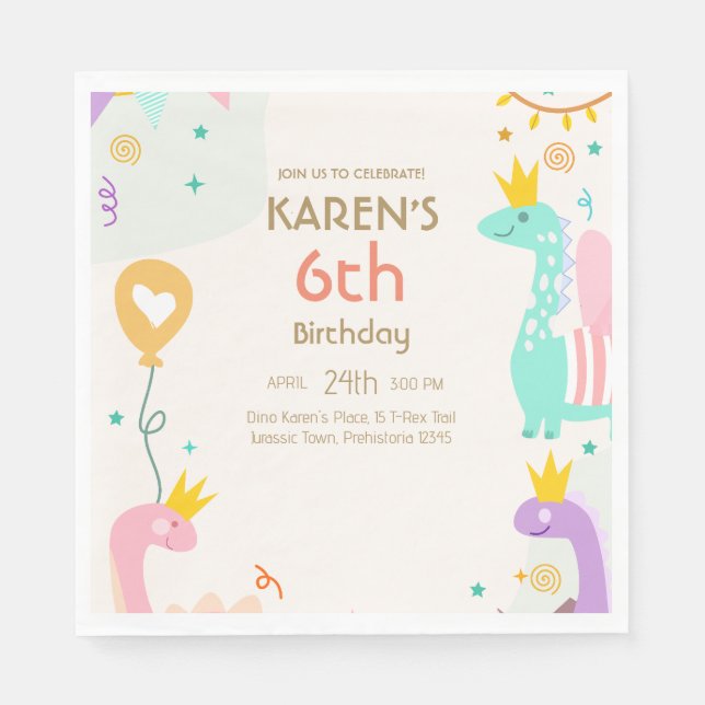 Servilleta De Papel Cumpleaños de la princesa dinosaurio caprichosa (Anverso)