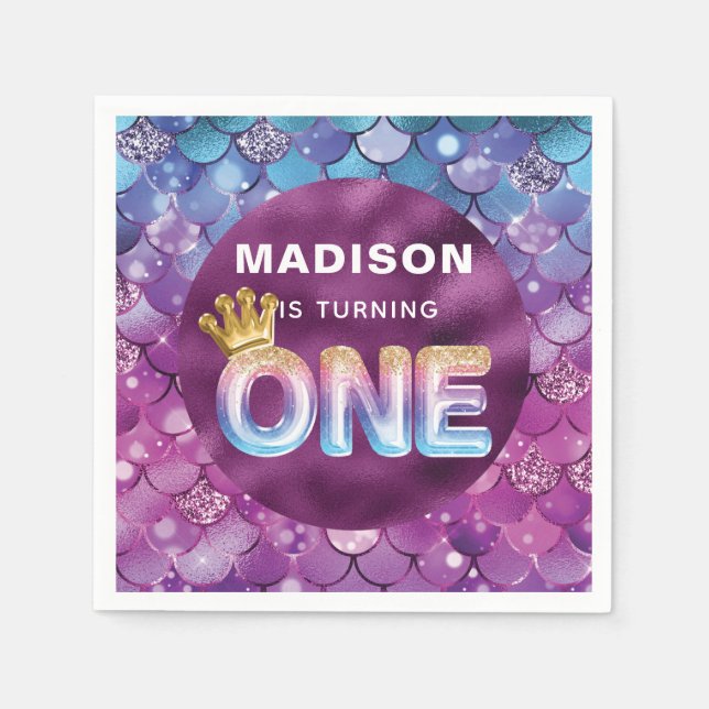 Servilleta De Papel Cumpleaños de la Sirena Azul Rosa Personalizado (Anverso)