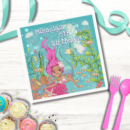 Servilleta De Papel Cumpleaños de la sirena negra con el pelo rosado b