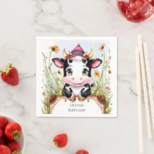 Servilleta De Papel Cumpleaños de la vaca colorida en acuarela