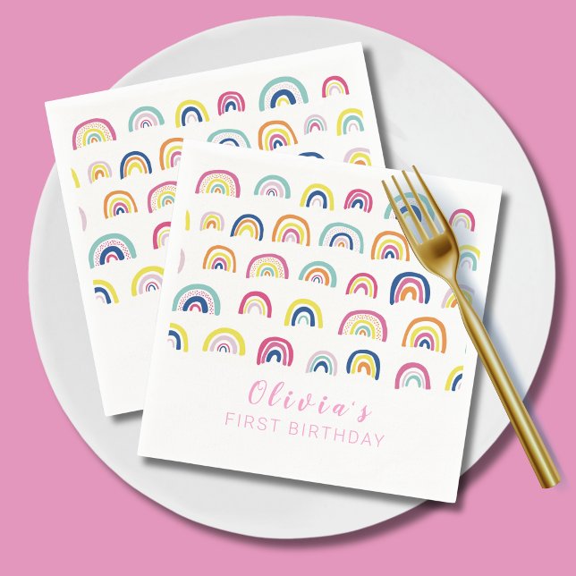 Servilleta De Papel Cumpleaños de las niñas arcoíris primero (Rainbow first birthday paper napkin)