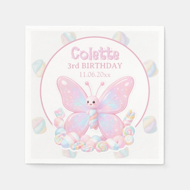 Servilleta De Papel Cumpleaños de Mariposa de Fresa Rosa (Anverso)