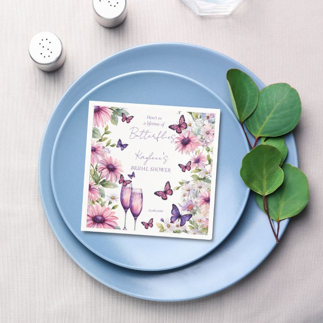 Servilleta De Papel Cumpleaños de mariposas desayuno nupcial púrpura (To a Lifetime of butterflies purple pink bridal shower monogram printed napkins custom table decor)