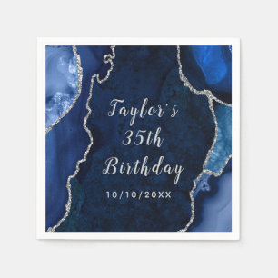 Servilleta De Papel Cumpleaños de mármol de ágata plateada y azul mari