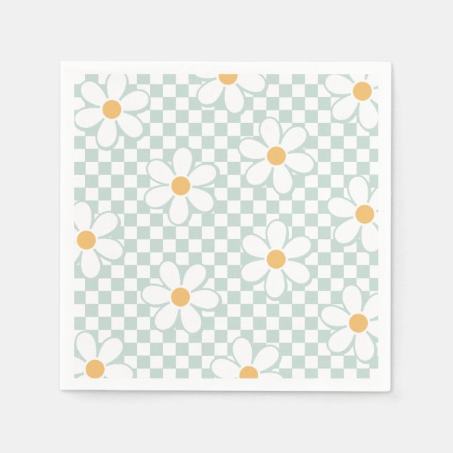 Servilleta De Papel Cumpleaños de menta Retro Checker Daisy (Anverso)