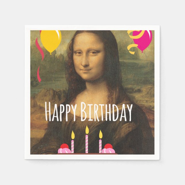 Servilleta De Papel Cumpleaños de Mona Lisa con pasteles y globos (Anverso)