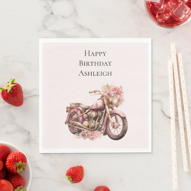Servilleta De Papel Cumpleaños de motocicleta floral rosa (In situ)