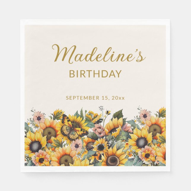 Servilleta De Papel Cumpleaños de mujer girasoles mariposa (Anverso)