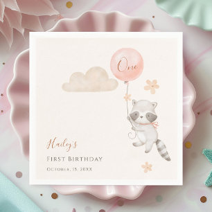 Servilleta De Papel Cumpleaños de niña con mapache lindo volando en gl