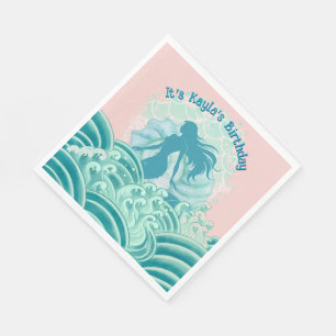 Servilleta De Papel Cumpleaños de niña de olas del océano sirena rosa