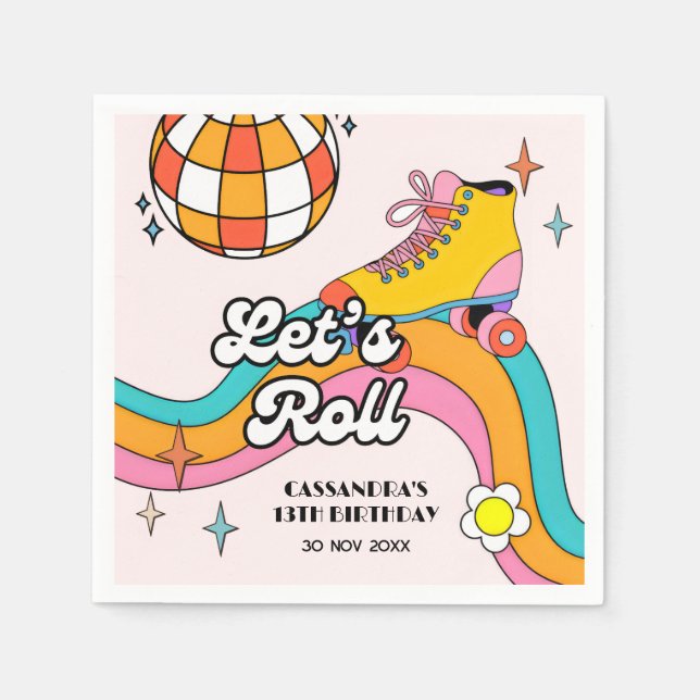 Servilleta De Papel Cumpleaños de niña de patinaje retro Let's Roll  (Anverso)