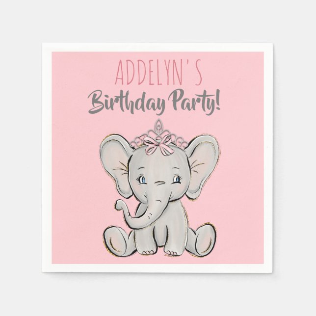 Servilleta De Papel Cumpleaños de niña elefante princesa rosa linda (Anverso)