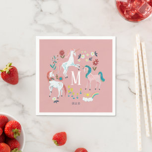 Servilleta De Papel Cumpleaños de niñas con monograma de unicornio ros