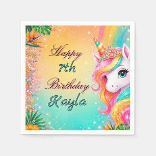 Servilleta De Papel Cumpleaños de niñas de Flor Unicornio de Arcoíris