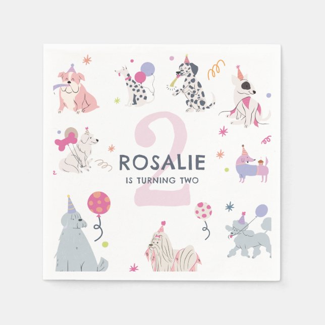 Servilleta De Papel Cumpleaños de niñas lindas con perro pastel Let's  (Anverso)