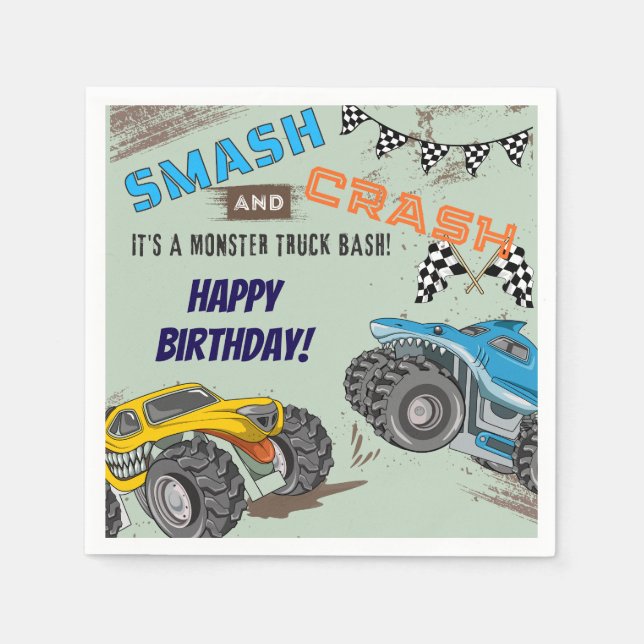 Servilleta De Papel Cumpleaños de niño con Monster Trucks  (Anverso)
