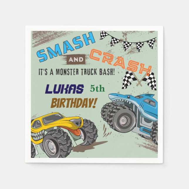 Servilleta De Papel Cumpleaños de niño con Monster Trucks  (Anverso)