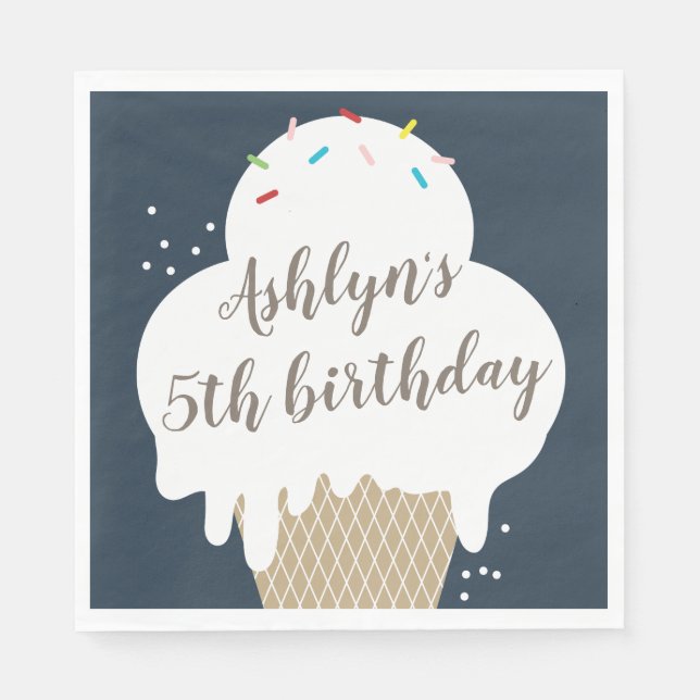 Servilleta De Papel Cumpleaños de niños con cono de helado azul marino (Anverso)