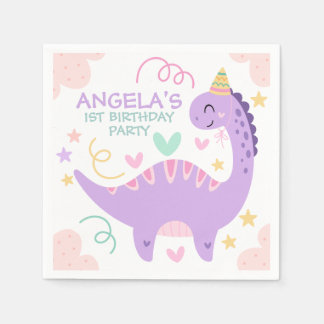 Servilleta De Papel Cumpleaños de niños con dinosaurio morado lindo