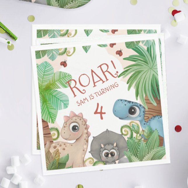 Servilleta De Papel Cumpleaños de niños dinosaurio 4 años (Dinosaur Birthday Party Napkins)