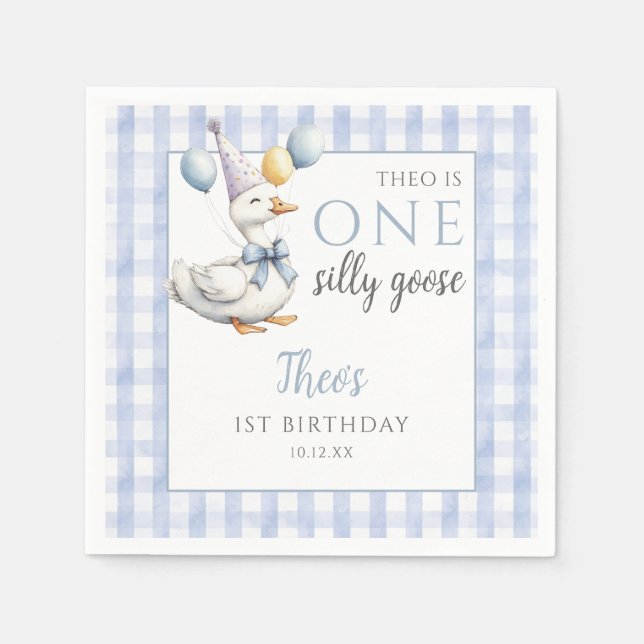 Servilleta De Papel Cumpleaños de One Silly Goose Blue Gingham Balloon (Anverso)