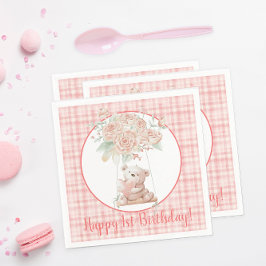 Servilleta De Papel Cumpleaños de osito de felpa de cuadros rosas