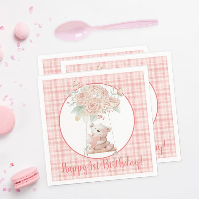 Servilleta De Papel Cumpleaños de osito de felpa de cuadros rosas (Subido por el creador)