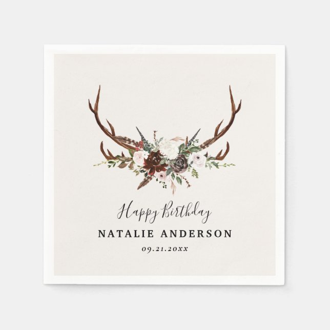 Servilleta De Papel Cumpleaños de otoño botánico rústico de ciervo gra (Anverso)