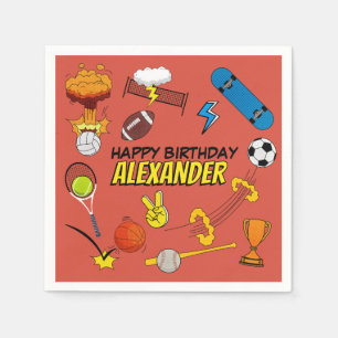 Servilleta De Papel Cumpleaños de Pelotas Deportivas Retro de Cómic