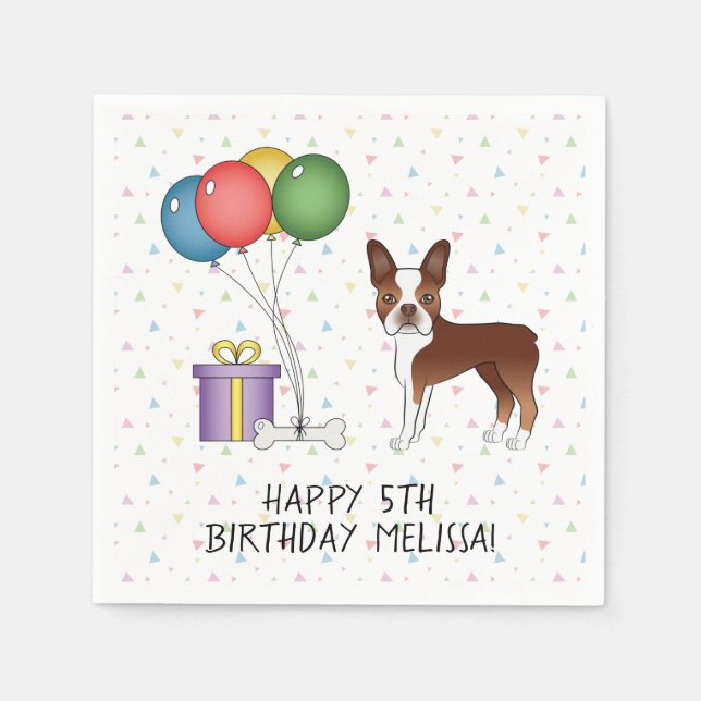 Servilleta De Papel Cumpleaños de perro Boston Terrier rojo y blanco - (Anverso)
