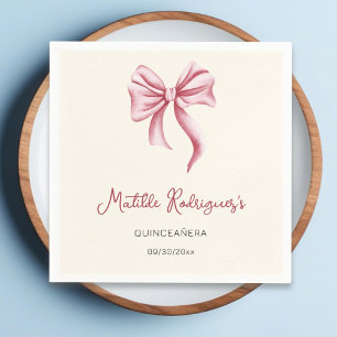 Servilleta De Papel Cumpleaños de Quinceañera con Lazo Rosa de Crema S