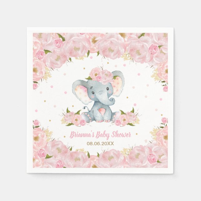 Servilleta De Papel Cumpleaños de Rubor Pink Floral Elephant en Baby S (Anverso)