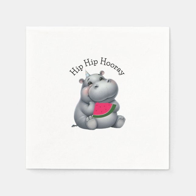 Servilleta De Papel Cumpleaños de sandía de hipopótamo gris  (Anverso)