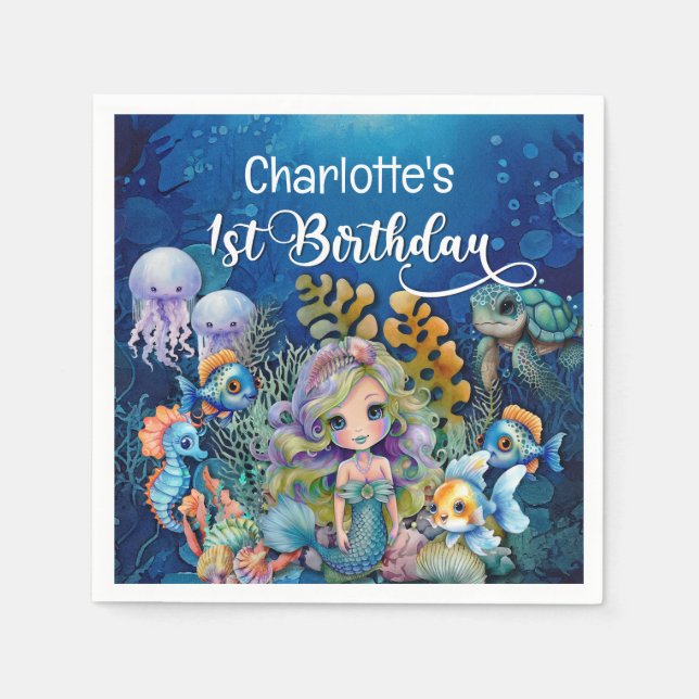 Servilleta De Papel Cumpleaños de sirena 1 año (Anverso)