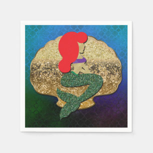 Servilleta De Papel Cumpleaños de Sirena de Cabello Rojo Concha Dorada