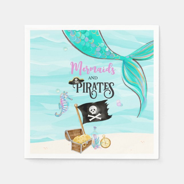 Servilleta De Papel Cumpleaños de Sirenas y Piratas (Anverso)