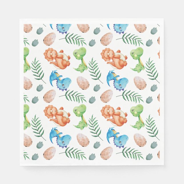 Servilleta De Papel Cumpleaños de Stomp, Chomp y Dos Dinosaurios acuar (Anverso)